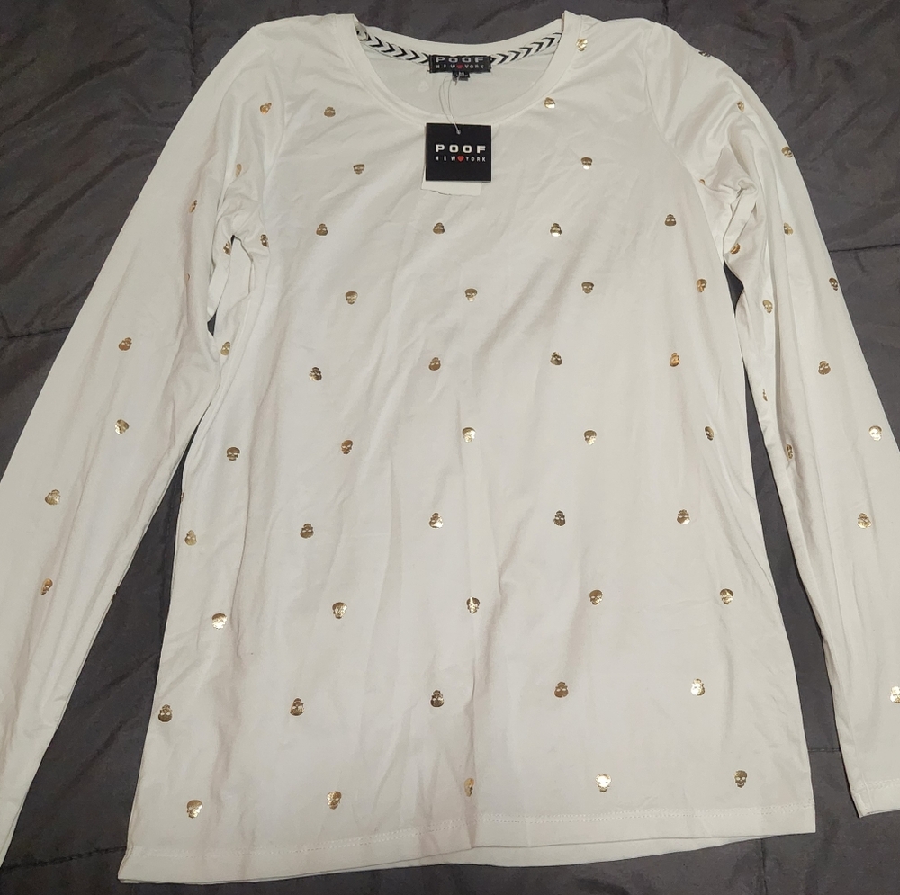 Poof! White Long Sleeve Top with Gold Accents